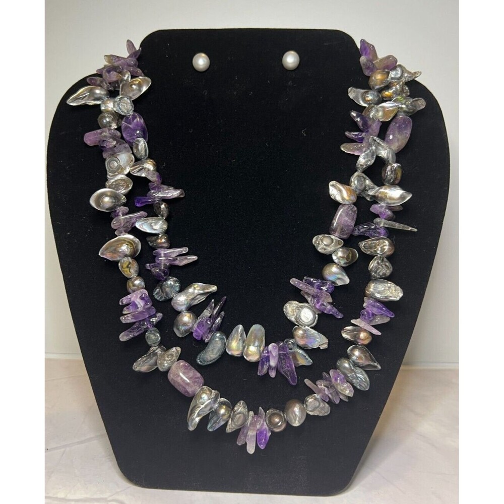 Natural Amethyst Chip Bead & Pearl, 2 Strand Necklace & Earring Set, (0132)